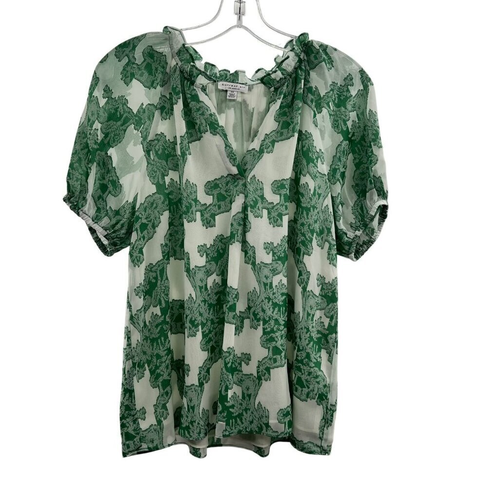 Current Air Women's Short Sleeve Ruffle Neck Top Green/White Size XS Lined